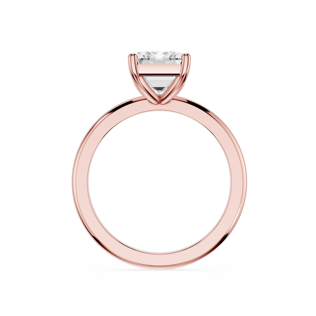 Rose gold ring with a diamond on a white background