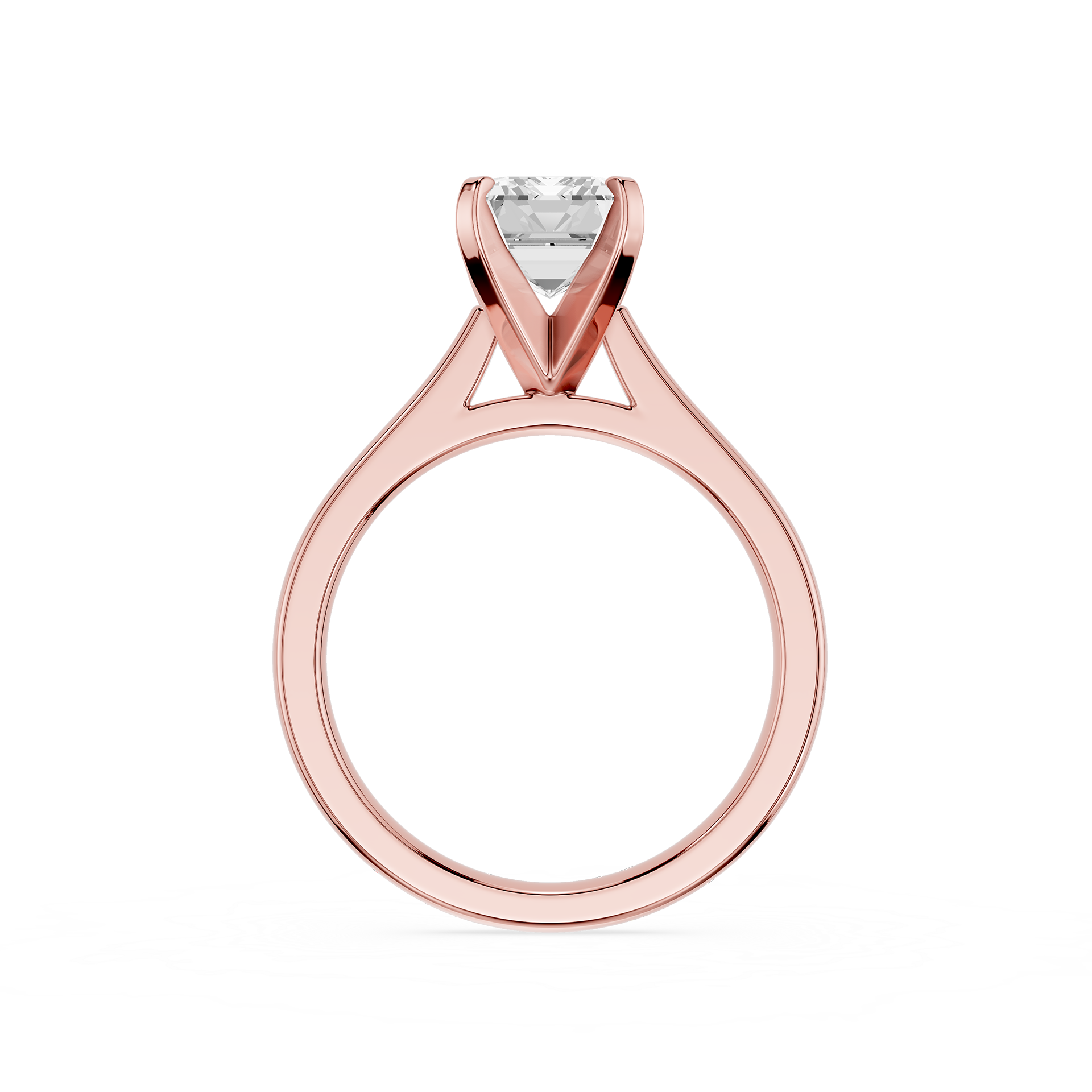 Rose gold ring with a diamond on a white background