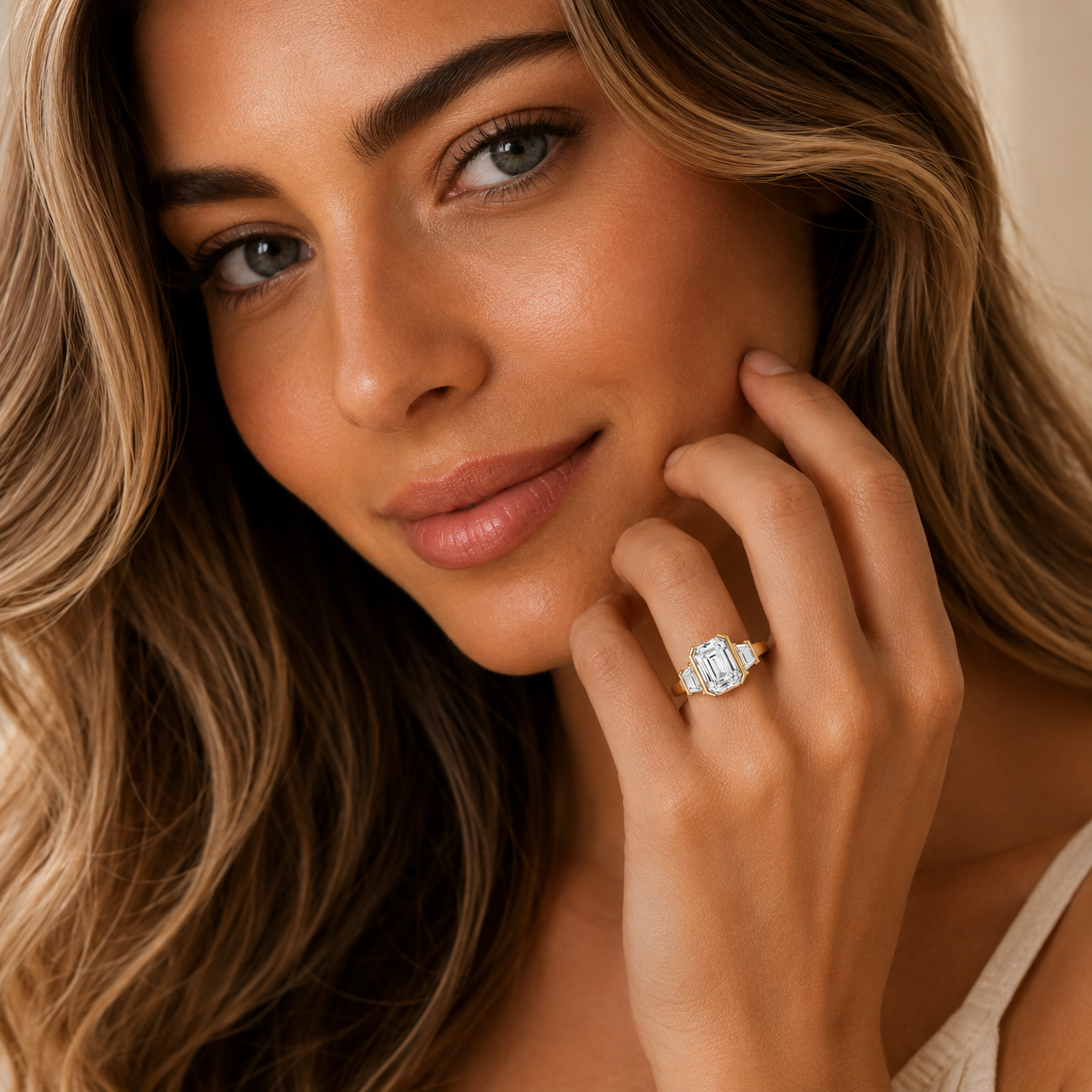 Woman with a diamond ring on her finger, close-up of face and hand.