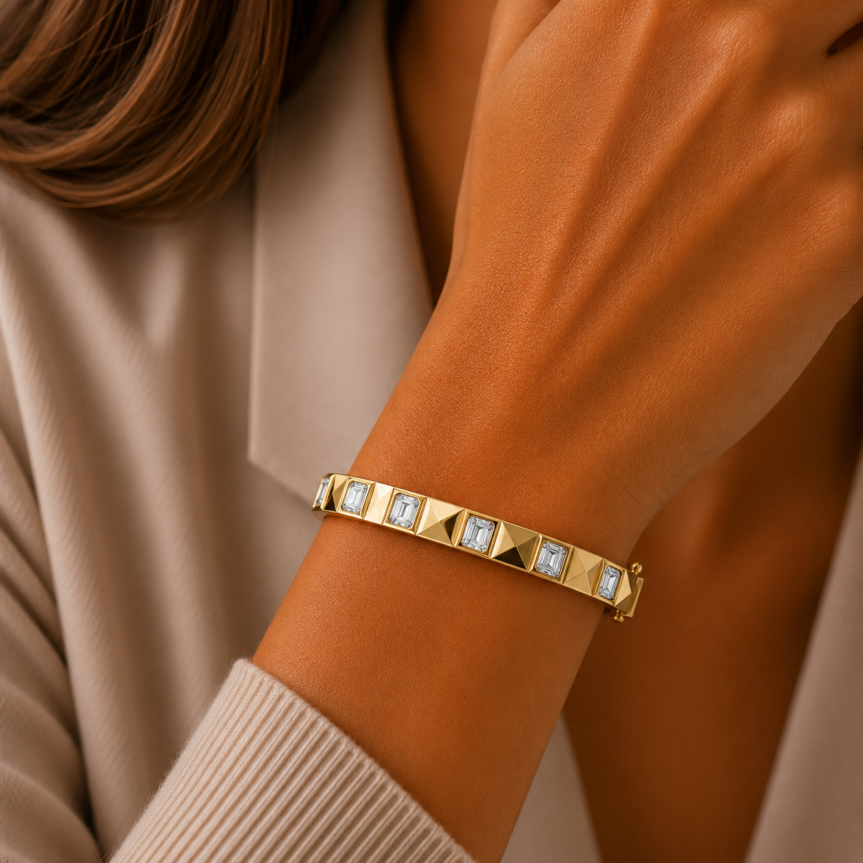 Lab Grown Emerald Cut Diamond Station Bangle Bracelet