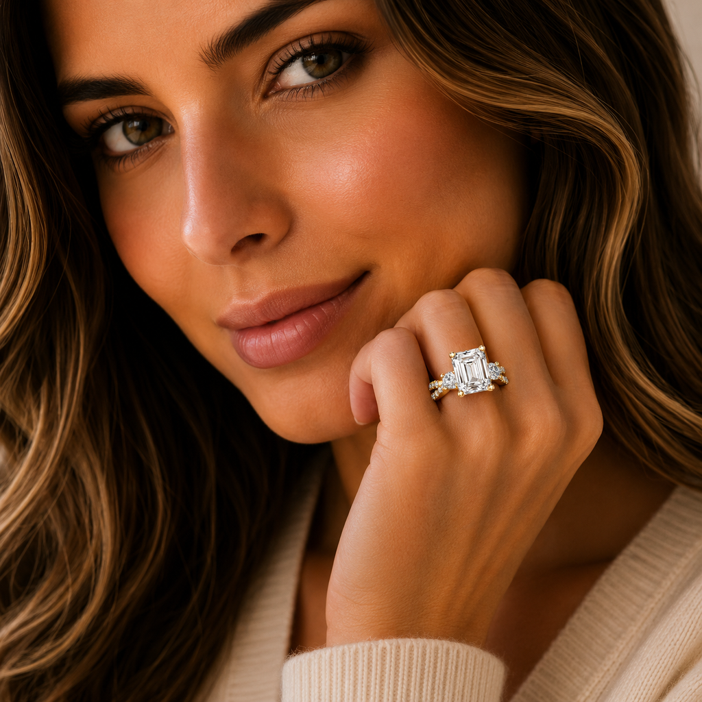 Woman wearing a diamond ring, close-up of face and hand