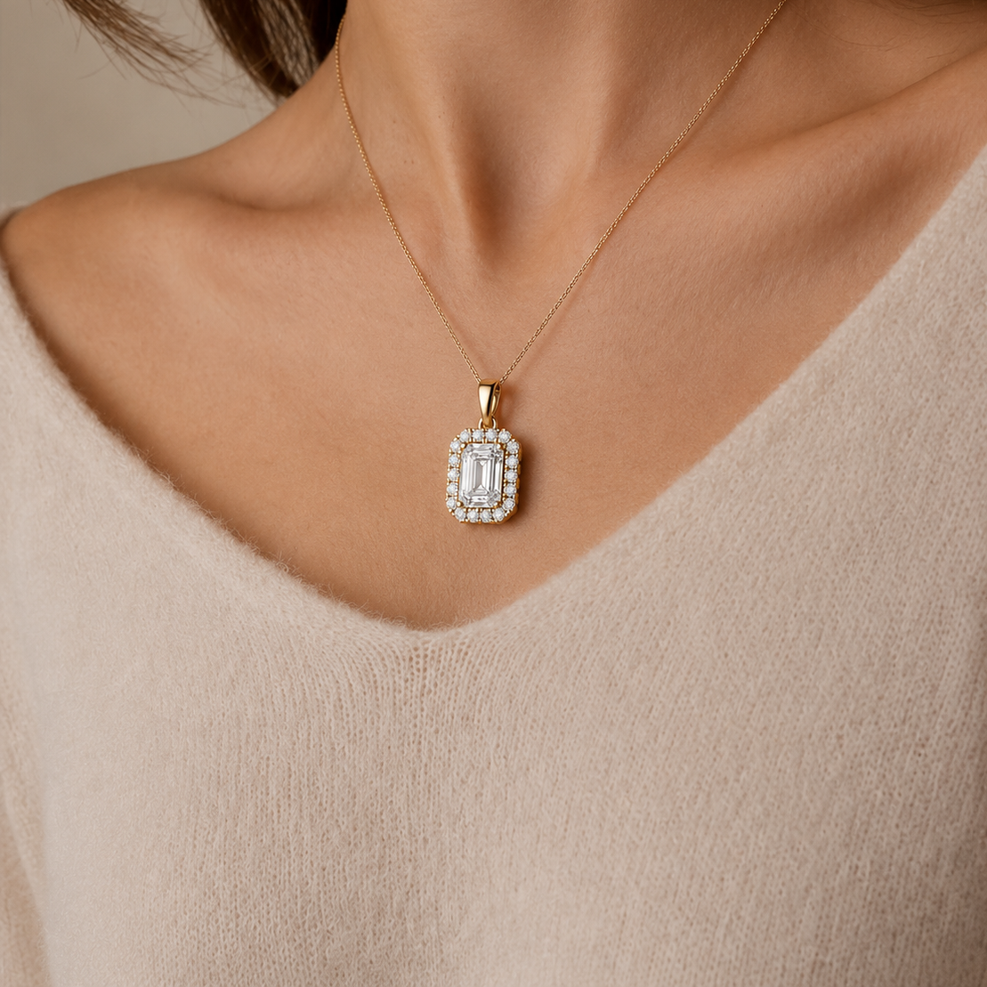 Emerald Cut Halo Lab Grown Diamond Pendant