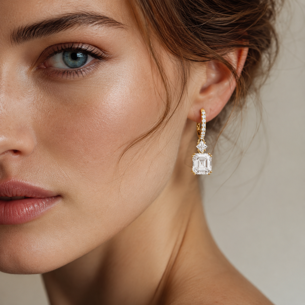 Emerald & Princess Cut Lab Grown Diamond Bar Dangle Earrings