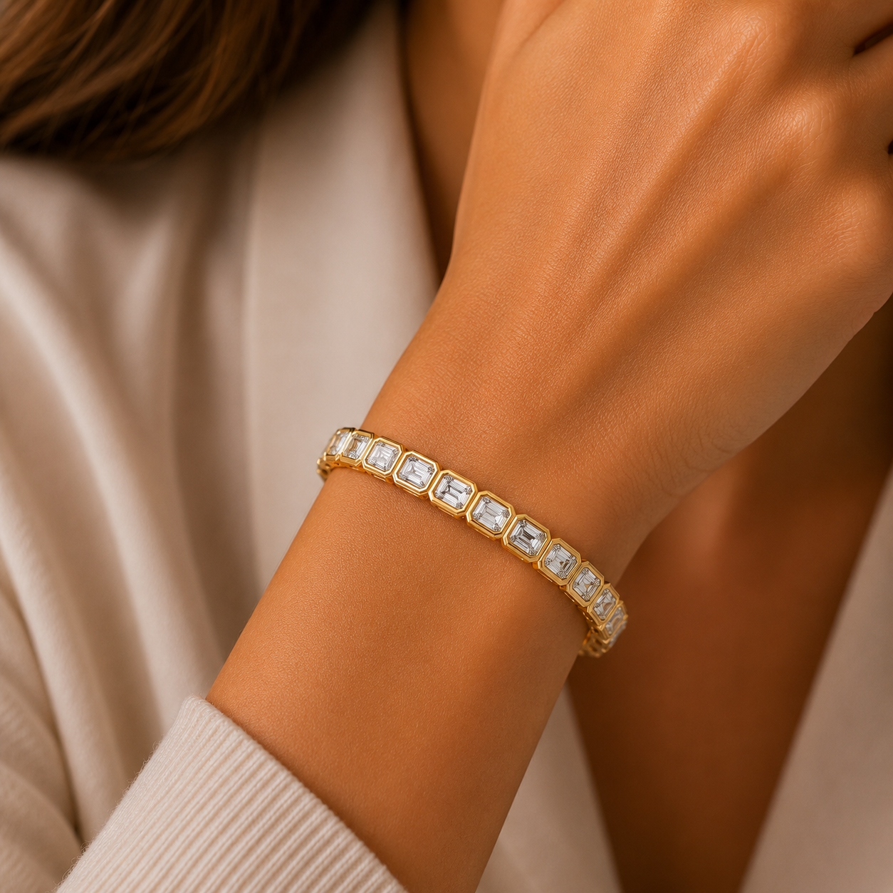 Lab Grown Emerald Cut Bezel Diamond Tennis Bracelet