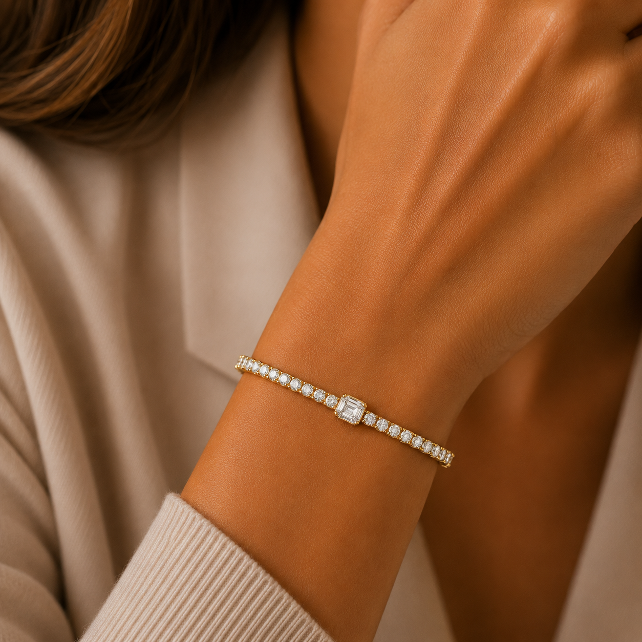 Lab Grown Emerald Cut Diamond Tennis Bangle Bracelet