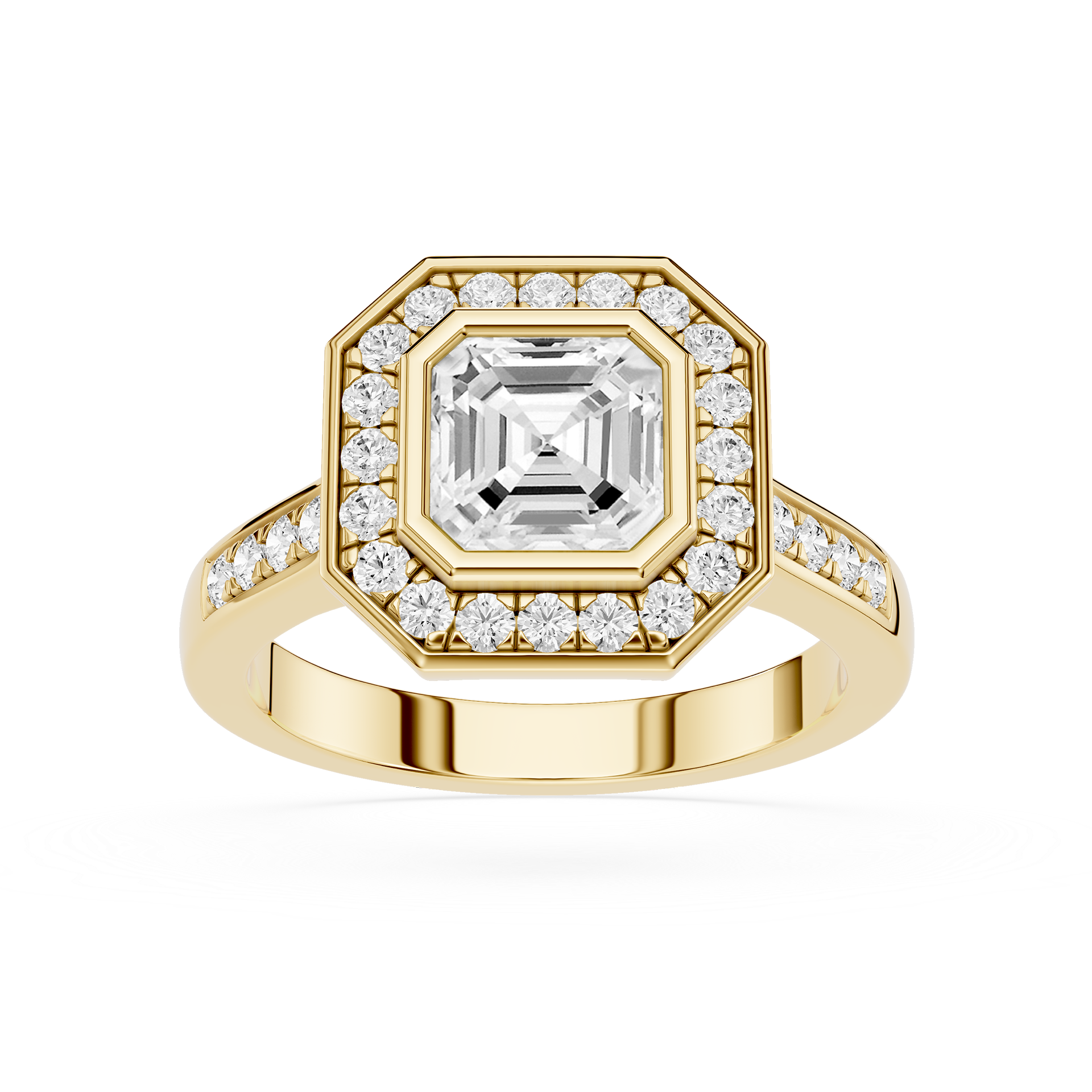 Gold ring with a large diamond and smaller diamonds around on a white background