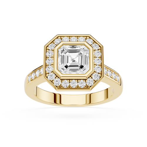 Gold ring with a large diamond and smaller diamonds around on a white background