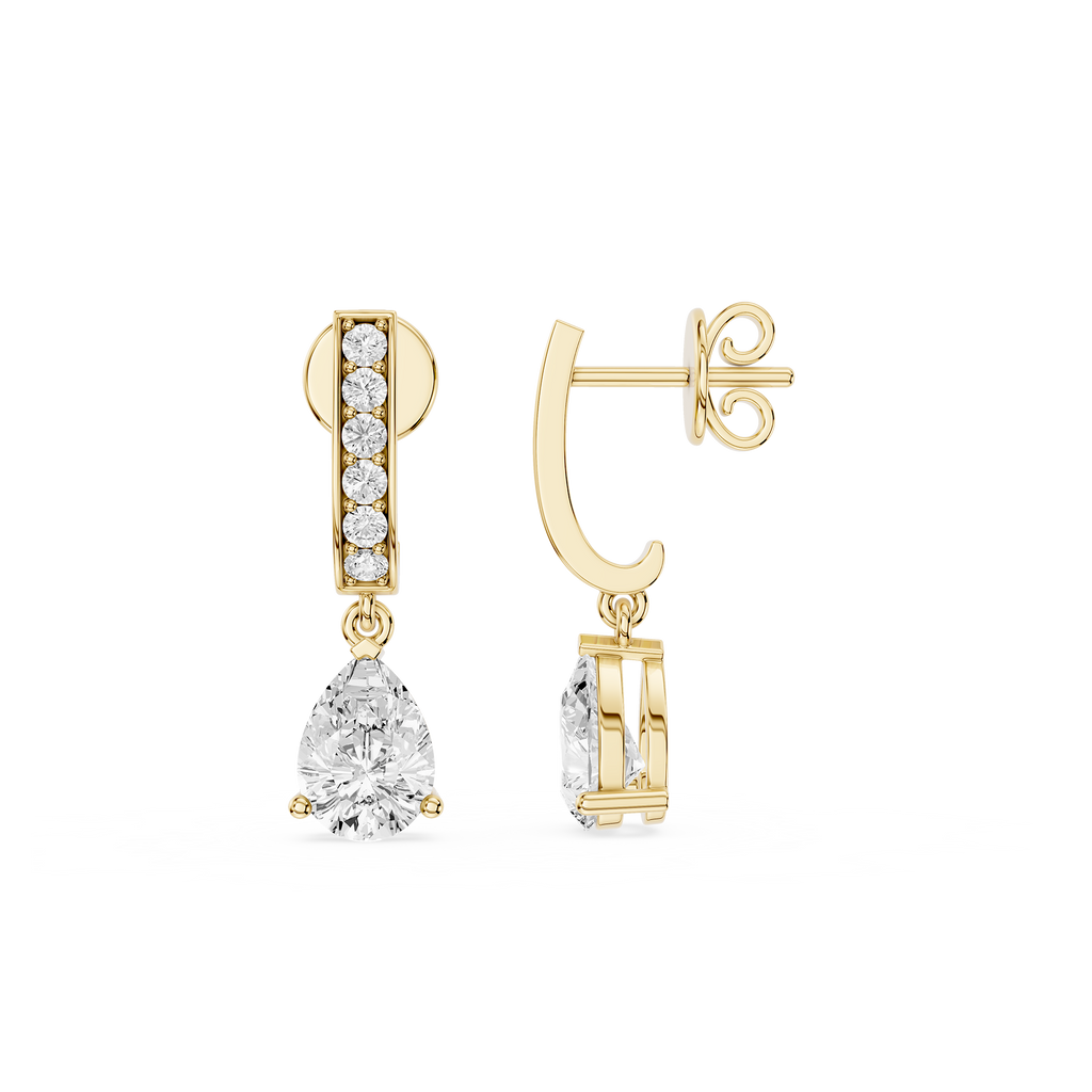 Gold earrings with diamond accents on a white background