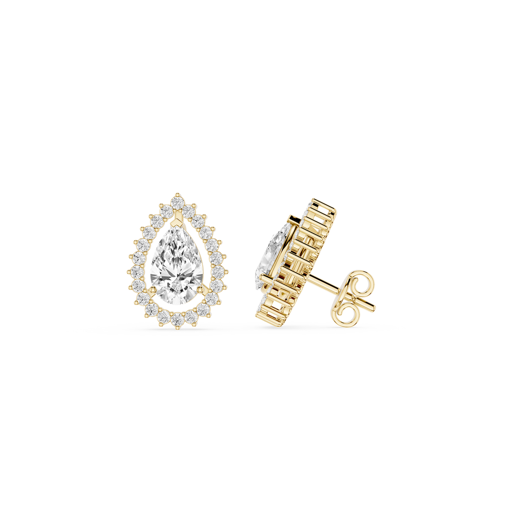 Gold earrings with pear-shaped gemstones on a white background