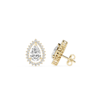 Gold earrings with pear-shaped gemstones on a white background