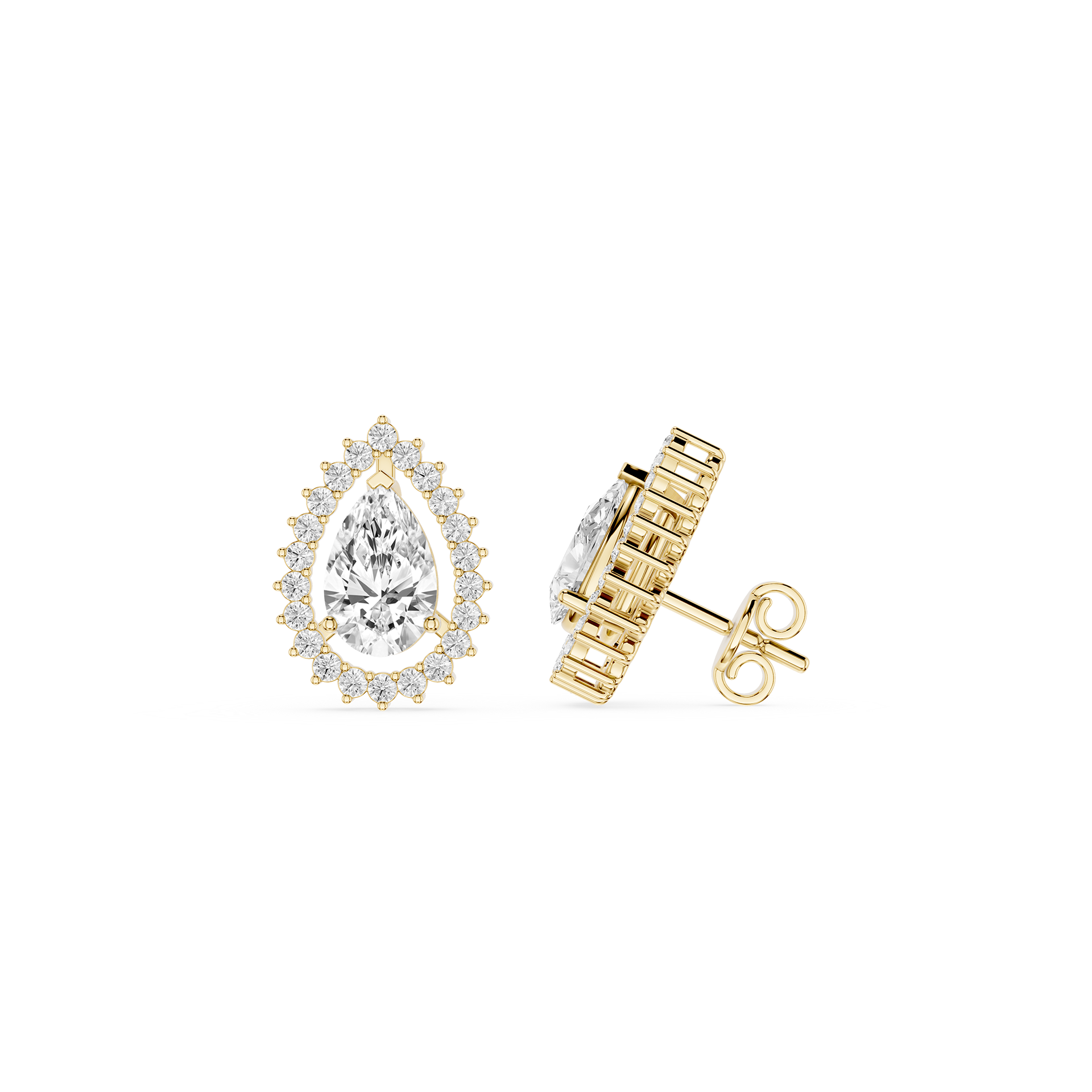Gold earrings with pear-shaped gemstones on a white background