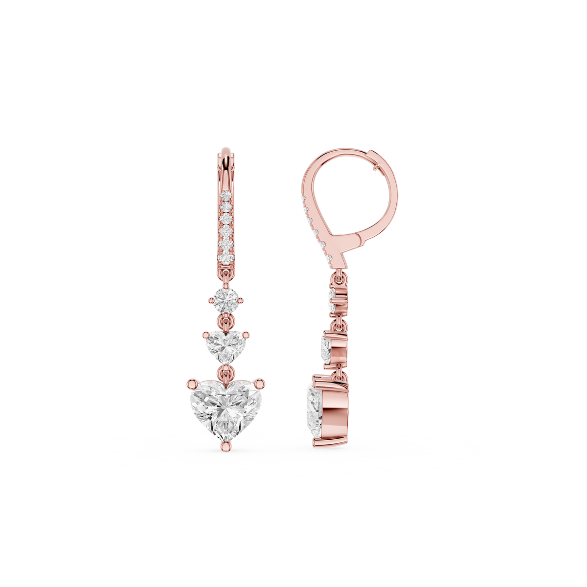 Rose gold earrings with heart-shaped and round gemstones on a white background