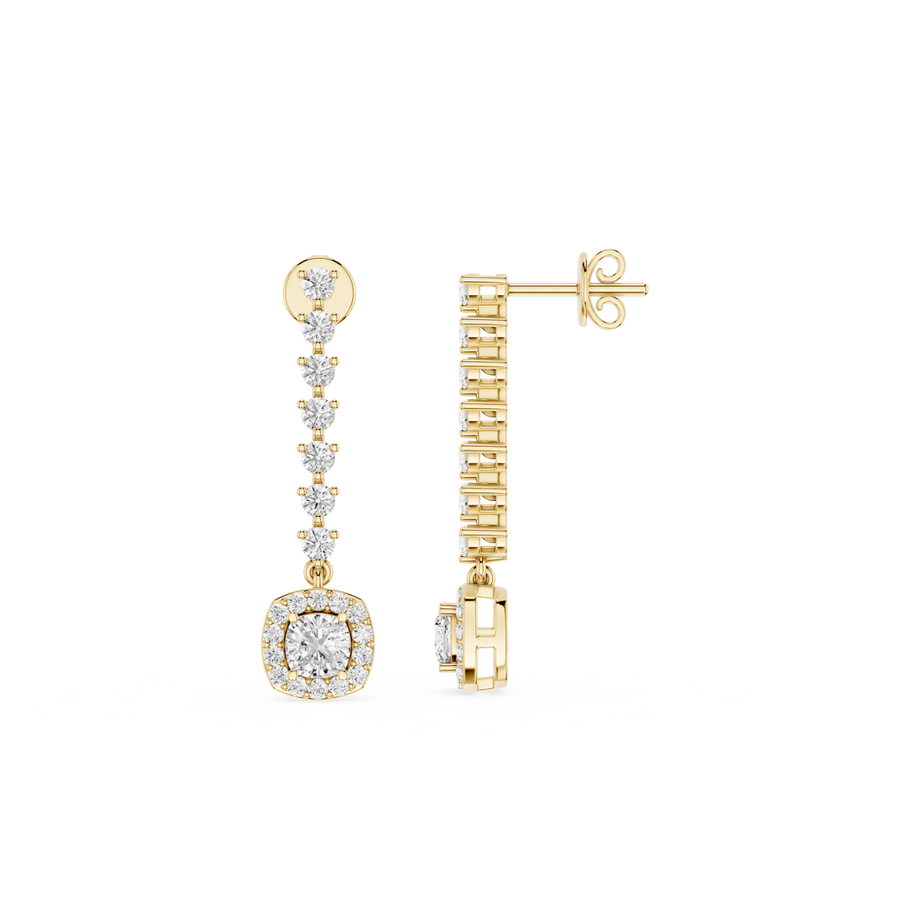 Gold earrings with diamond accents on a white background