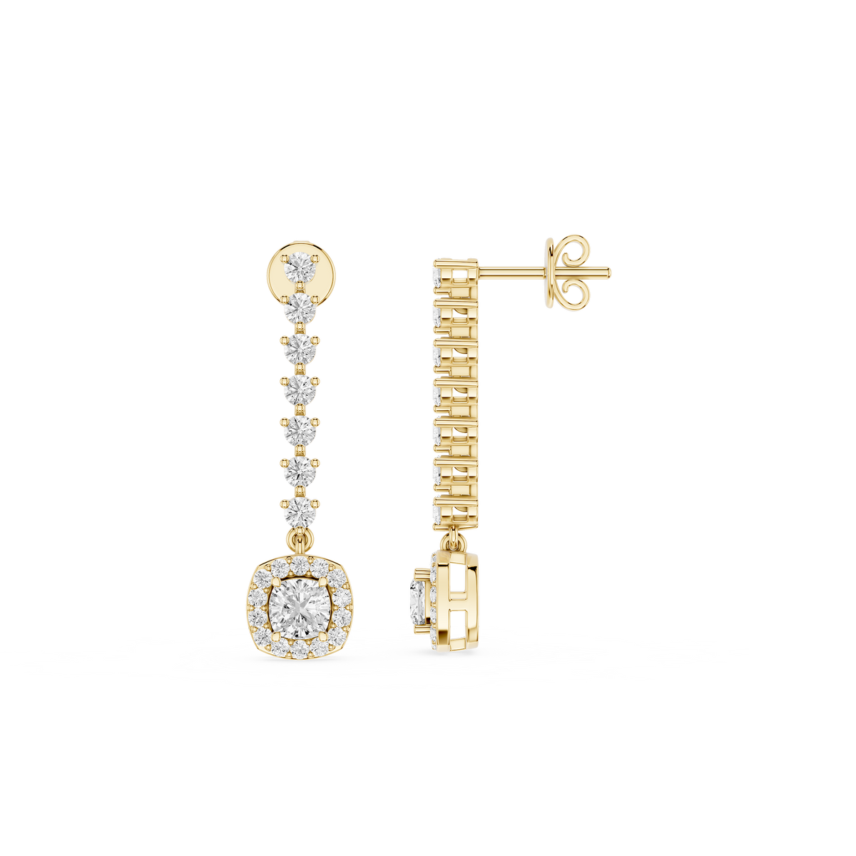 Gold earrings with diamond accents on a white background