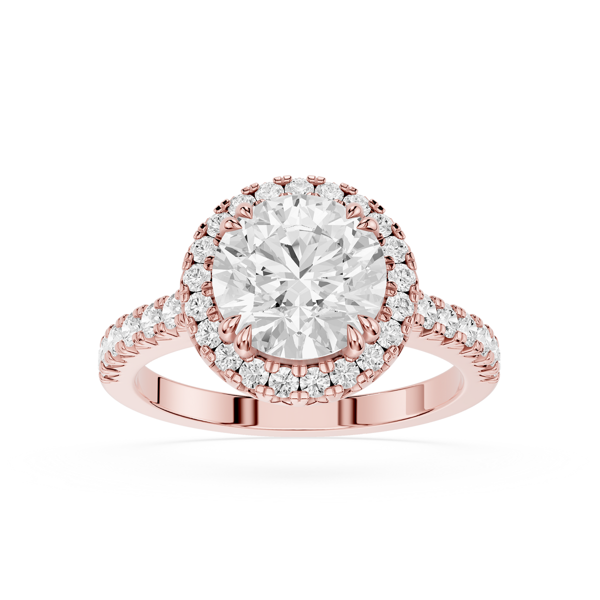 Front view of a rose gold round cut lab grown diamond hidden halo engagement ring featuring a round brilliant center stone, concealed halo beneath the center diamond, and a pave diamond band.
