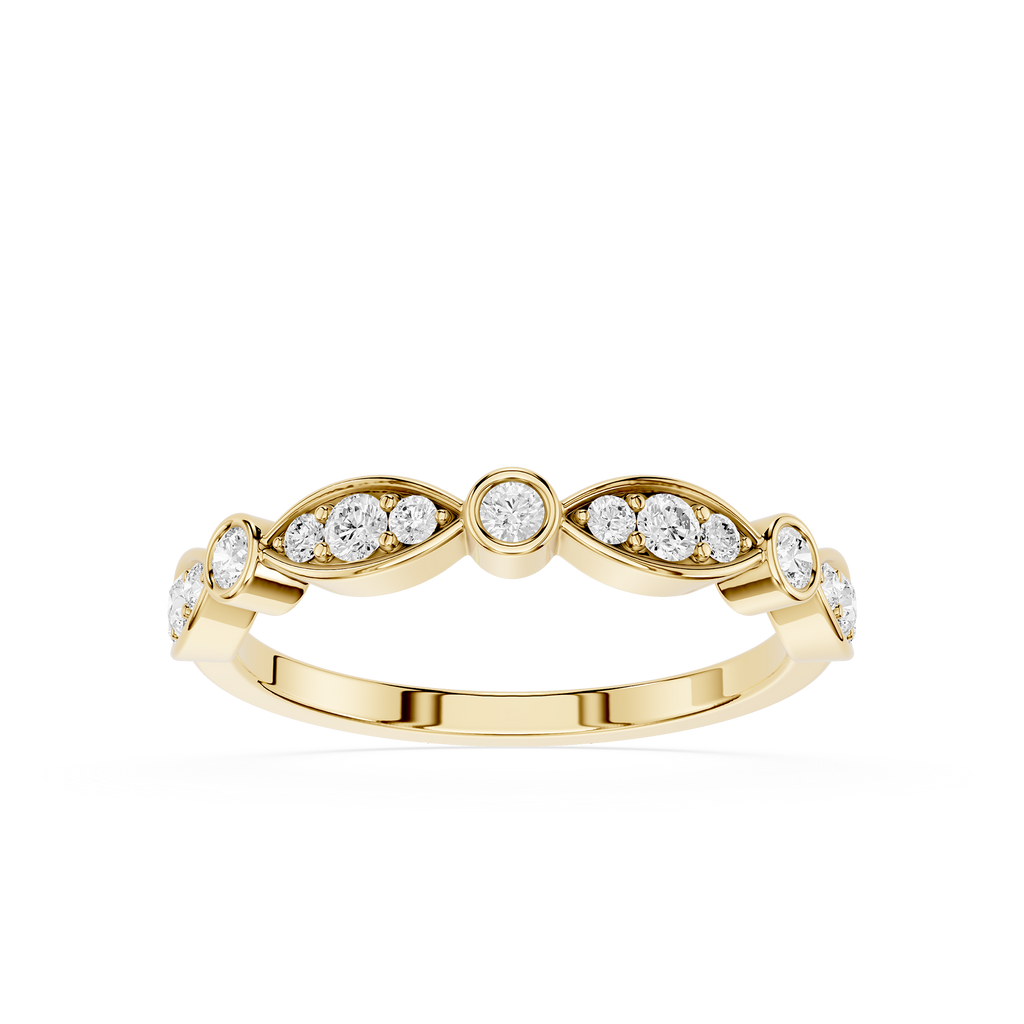 Gold ring with embedded diamonds on a white background