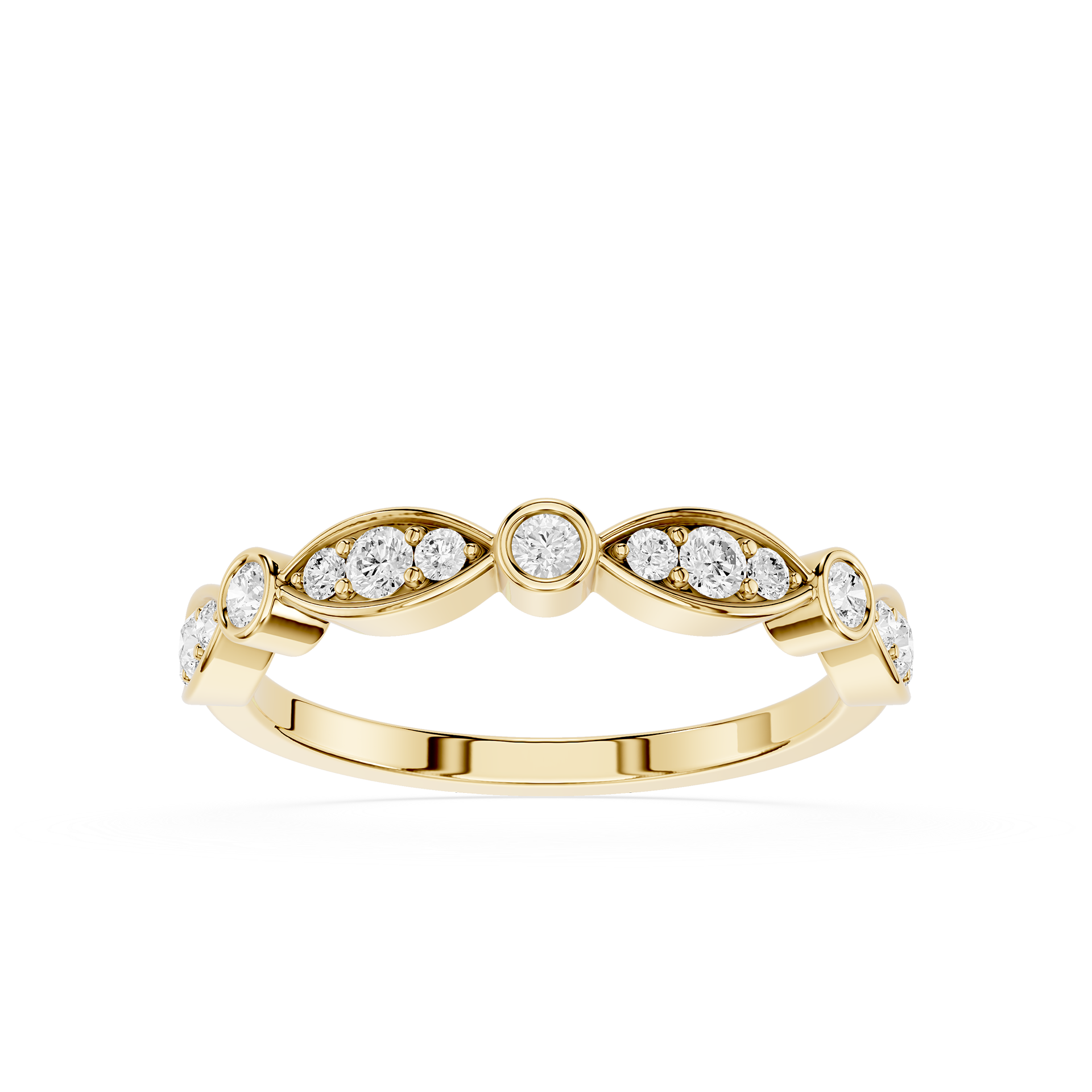 Gold ring with embedded diamonds on a white background