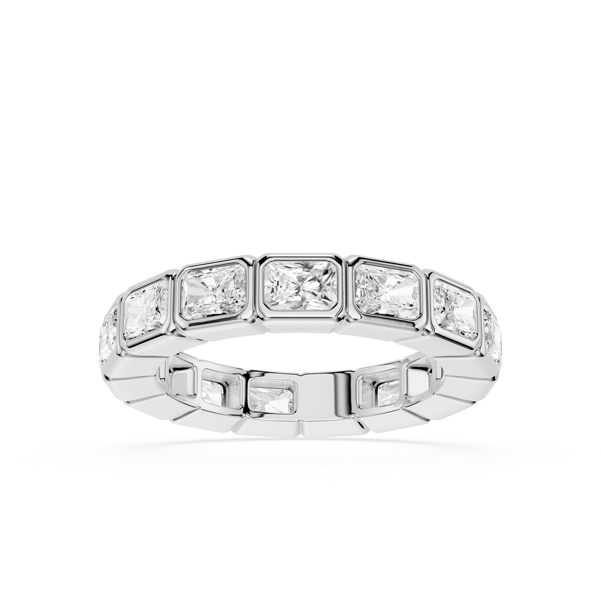 A 3-TCW radiant-cut lab-grown diamond eternity ring for a woman made with 14KT white gold.