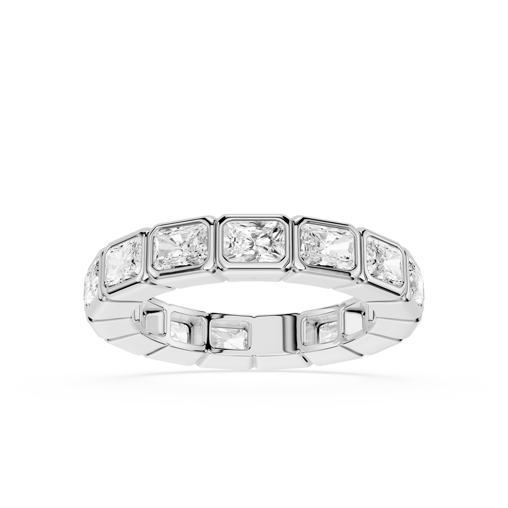 A silver tennis band ring featuring a row of princess-cut clear diamonds, shown on a clean white background.