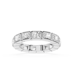 A silver tennis band ring featuring a row of princess-cut clear diamonds, shown on a clean white background.