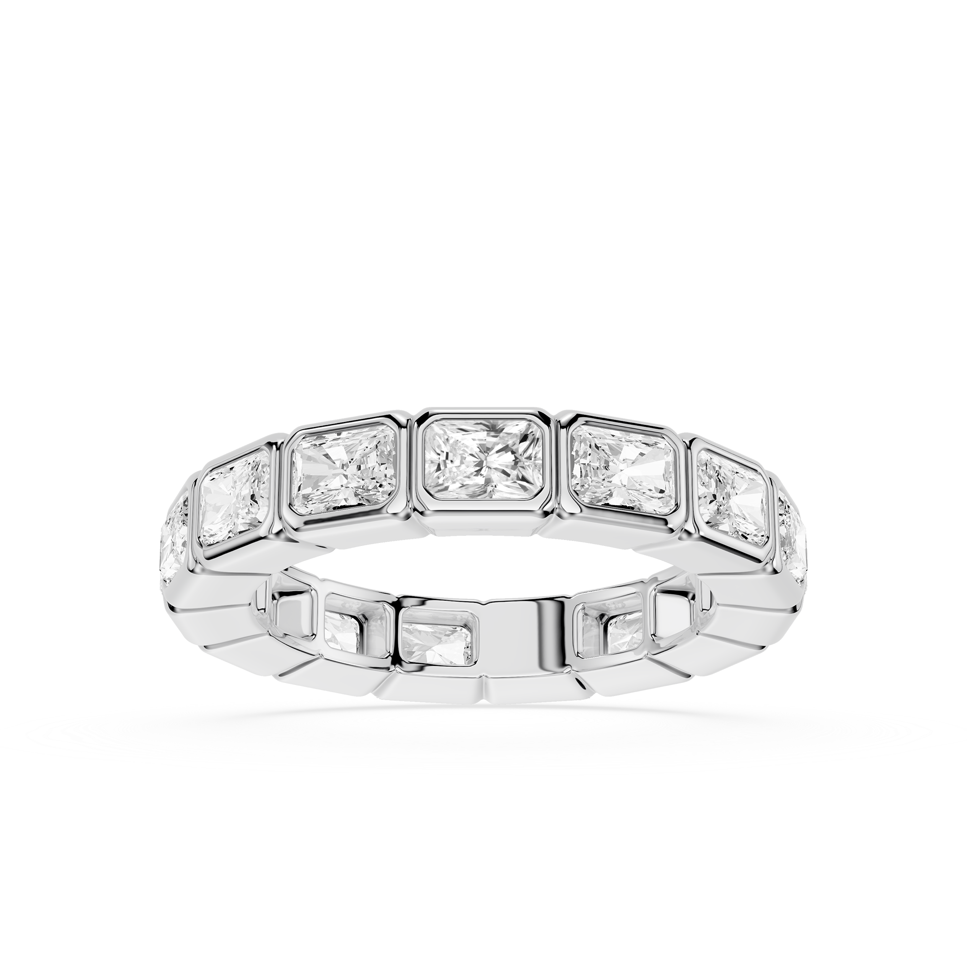 A silver tennis band ring featuring a row of princess-cut clear diamonds, shown on a clean white background.