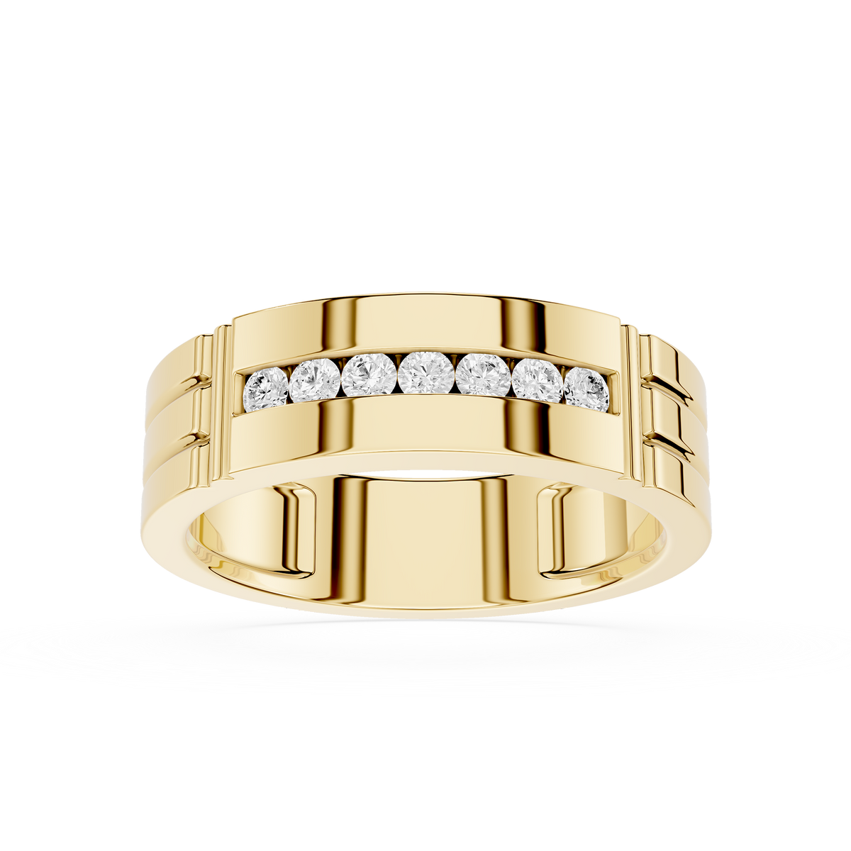 Front View Of Yellow Gold Round Cut Lab Grown Diamond Channel Set Men’s Wedding Band