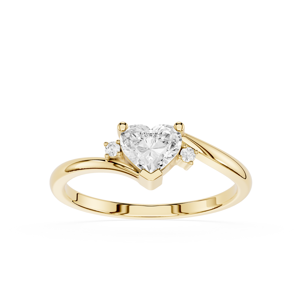 Heart Cut Lab Grown Diamond Ring in Yellow Gold with a bypass design, heart shaped center diamond, and round accent diamonds for everyday wear.
