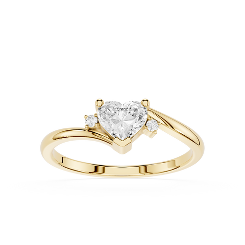 Heart Cut Lab Grown Diamond Ring in Yellow Gold with a bypass design, heart shaped center diamond, and round accent diamonds for everyday wear.