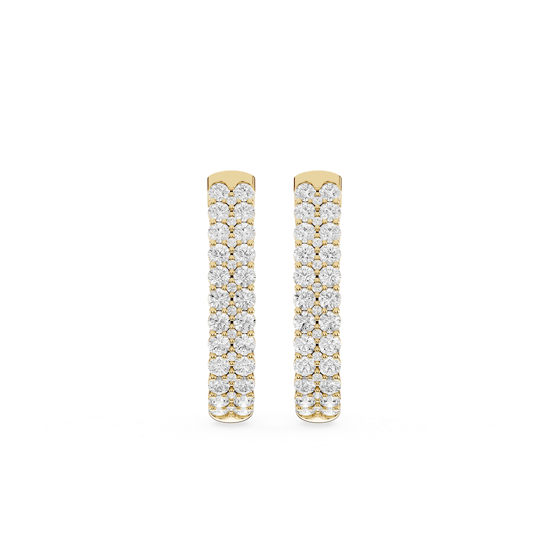 Pair of gold hoop earrings with diamond accents on a white background