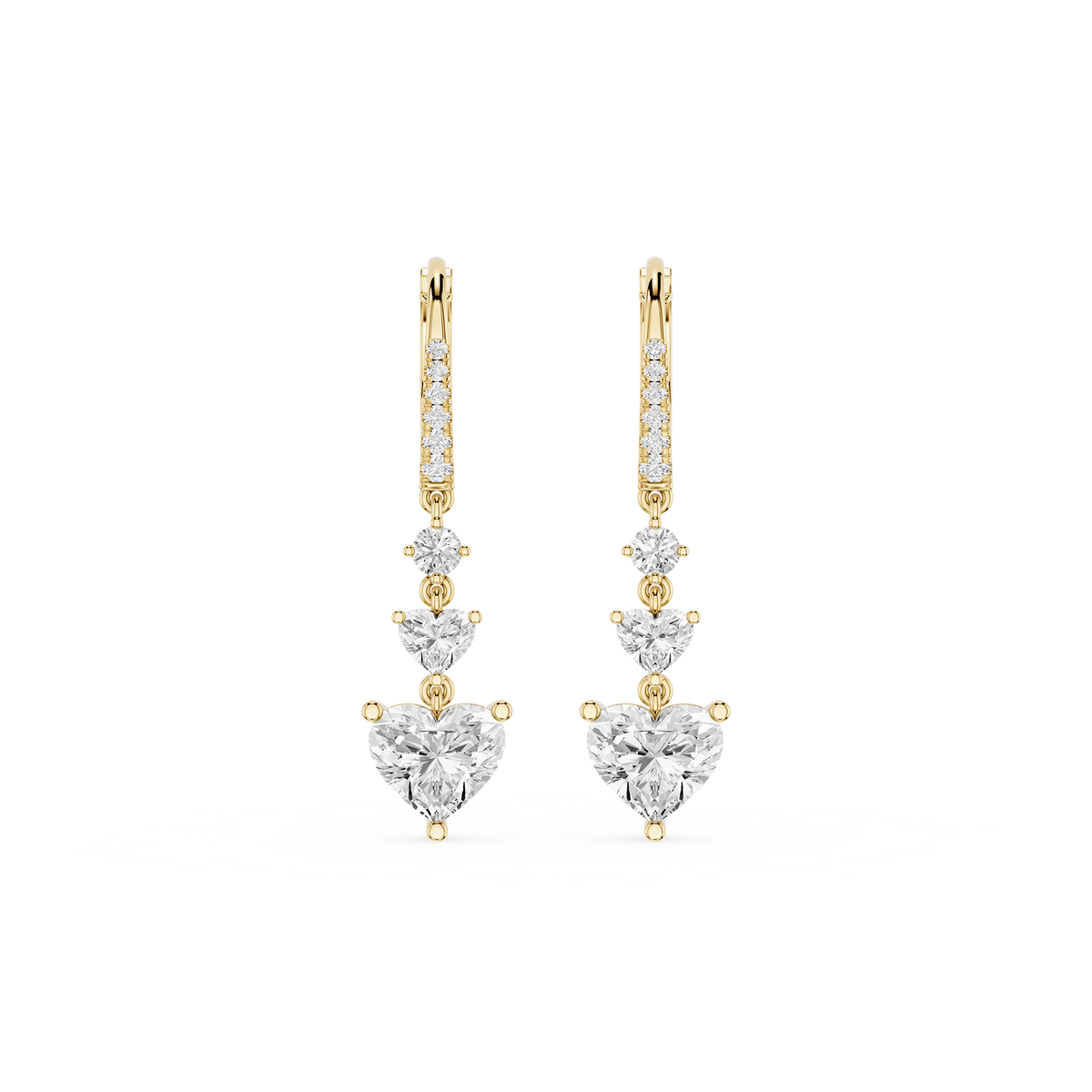 Heart Cut Lab Grown Diamond Dangle Earrings with Round Diamond Accents in Yellow Gold