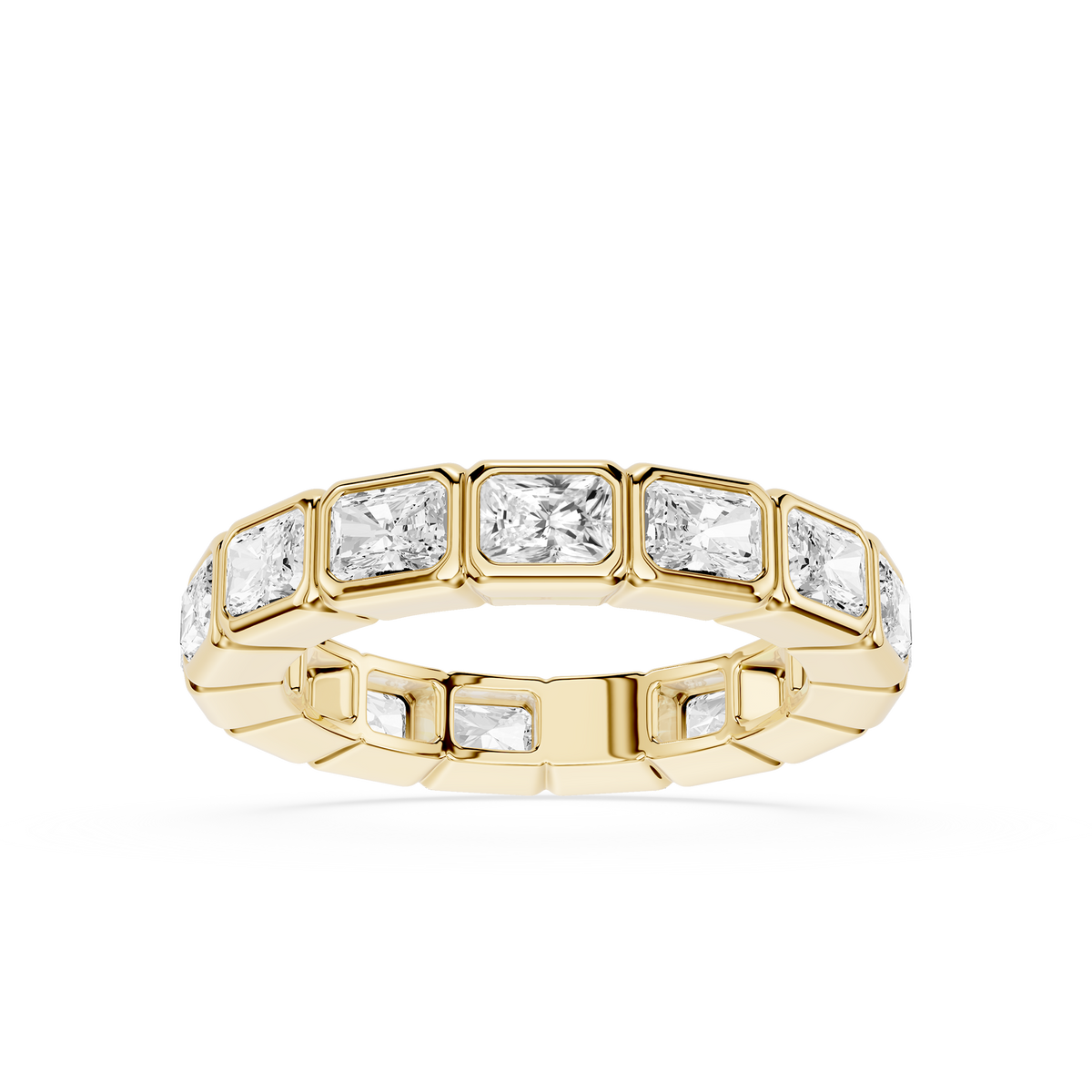 Bezel set radiant cut diamond eternity wedding ring in yellow gold. Full circle design featuring radiant lab grown diamonds with modern gold framework and secure settings.