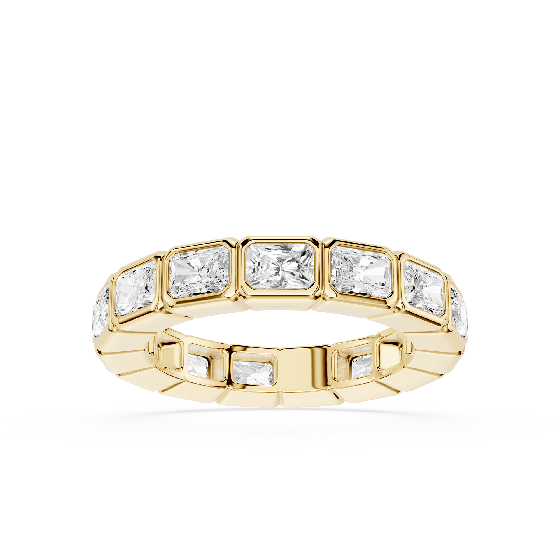 A yellow gold eternity ring featuring a row of rectangular baguette-cut clear gemstones, shown on a clean white background.