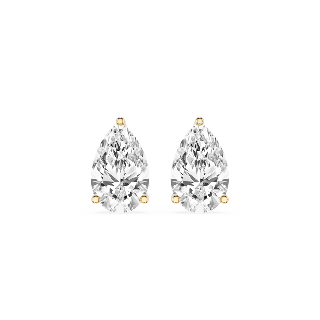 Pair of pear-shaped diamond earrings on a white background