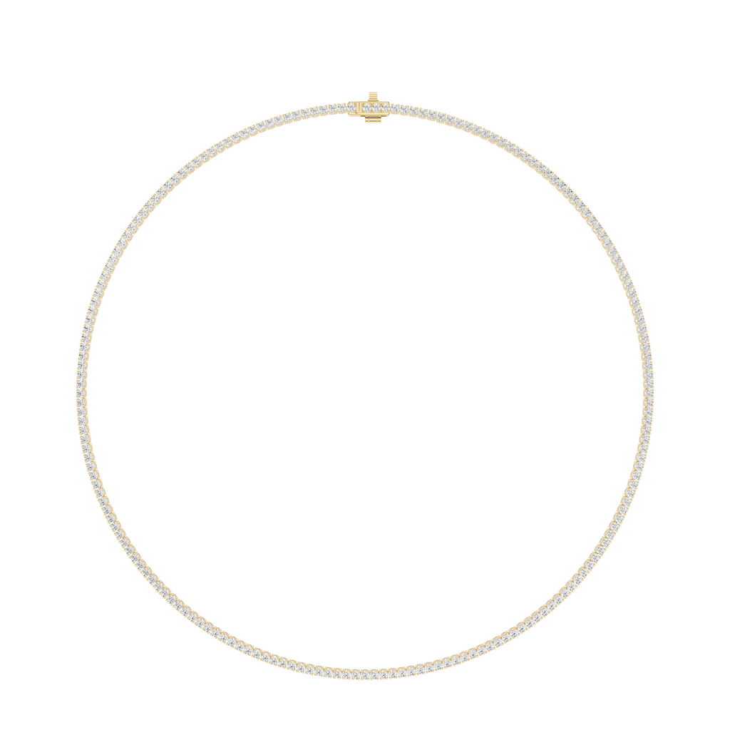 Round lab-grown diamond tennis necklace in yellow gold with a continuous line of matching round diamonds, shown in a full front view with a secure box clasp.