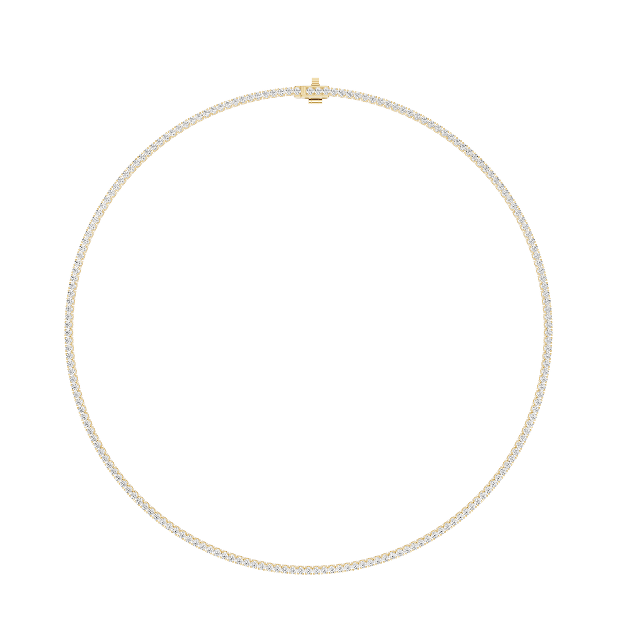Round lab-grown diamond tennis necklace in yellow gold with a continuous line of matching round diamonds, shown in a full front view with a secure box clasp.