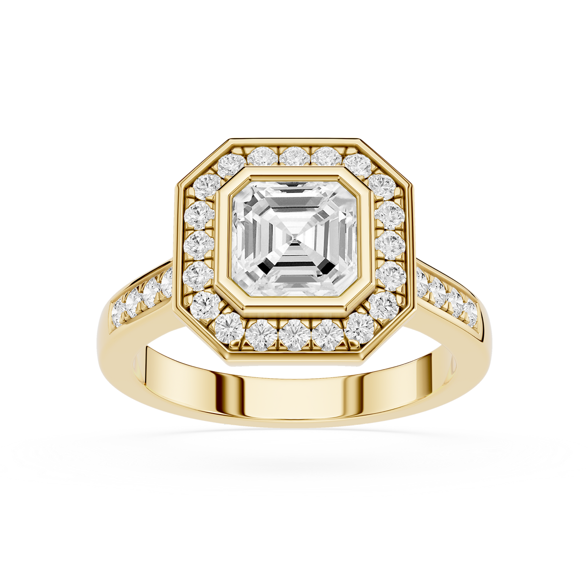 Yellow Gold Art Deco Emerald Cut Lab Diamond Double Halo Engagement Ring