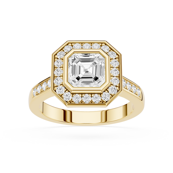 Yellow Gold Art Deco Emerald Cut Lab Diamond Double Halo Engagement Ring