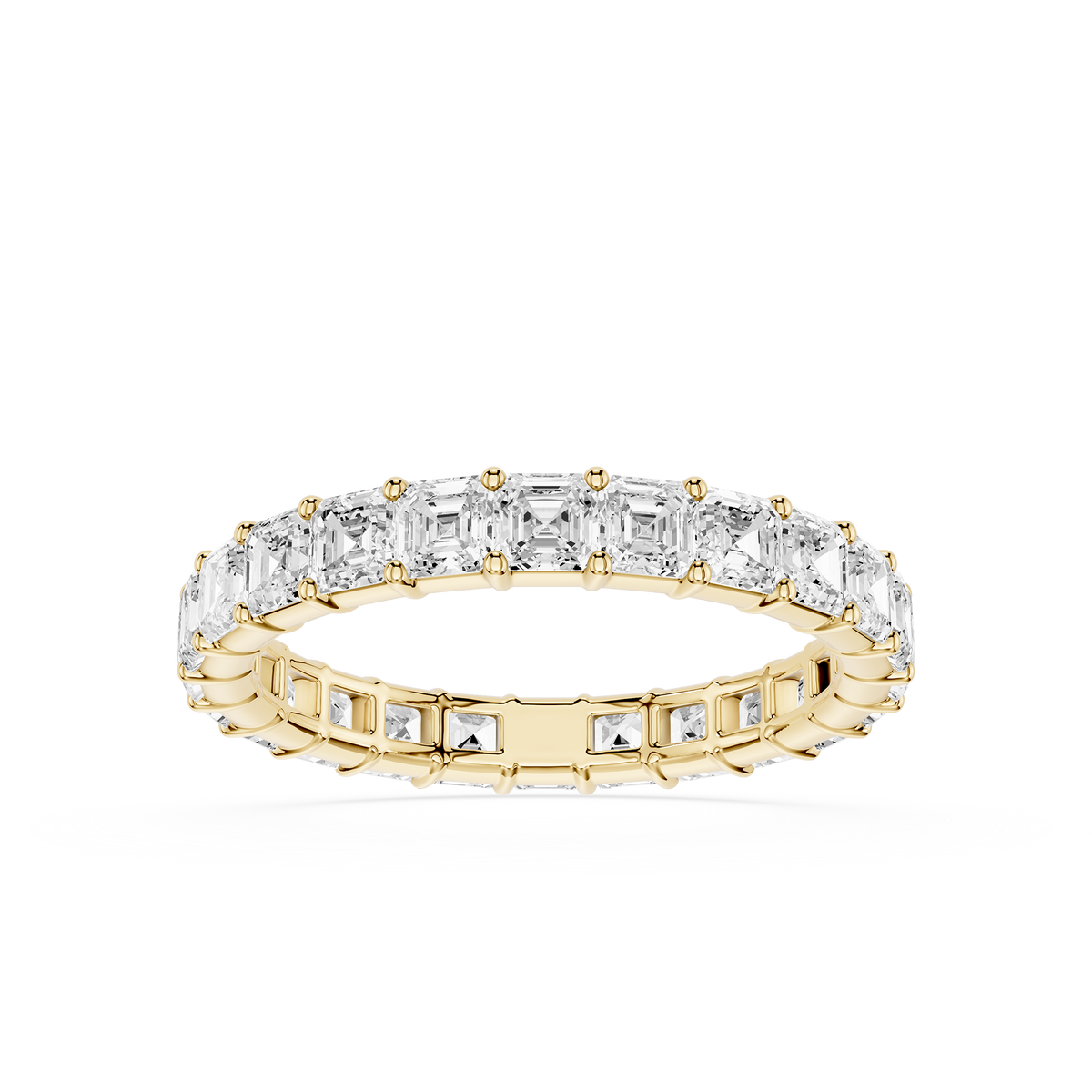 Asscher Cut Lab Grown Diamond Eternity Band featuring a continuous row of step-cut diamonds in yellow gold, designed with clean lines and geometric symmetry.