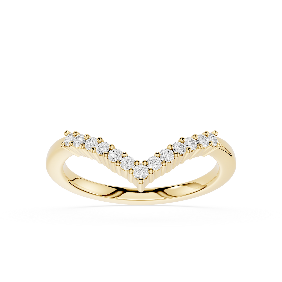 Round Diamond Chevron Wedding Band in Yellow Gold featuring graduated round lab grown diamonds in a V shaped contour design, crafted for stacking with engagement rings and bridal sets.