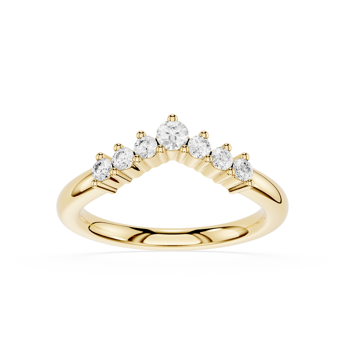 Curved Diamond Stacking Ring in Yellow Gold with graduated round lab grown diamonds and a graceful contour profile, creating a modern nesting wedding band look.