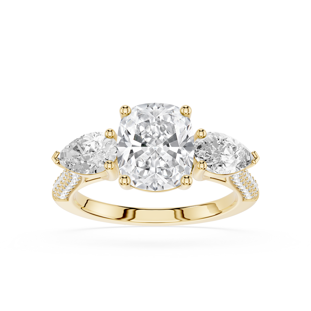 Gold ring with three diamonds on a white background