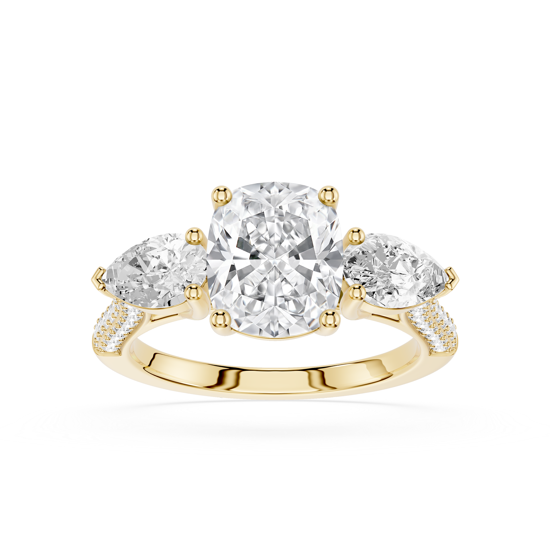 Gold ring with three diamonds on a white background