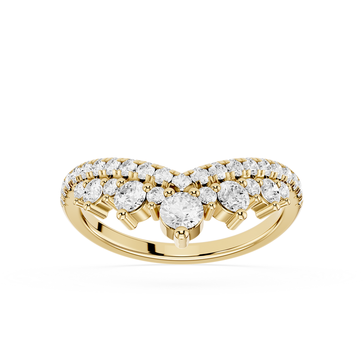 Double row graduated round lab grown diamond curved wedding band in yellow gold, stacking ring for bridal sets and engagement ring pairing