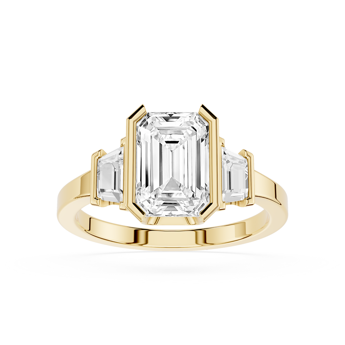 Yellow Gold Emerald Cut Lab Diamond Semi Bezel Trio Engagement Ring