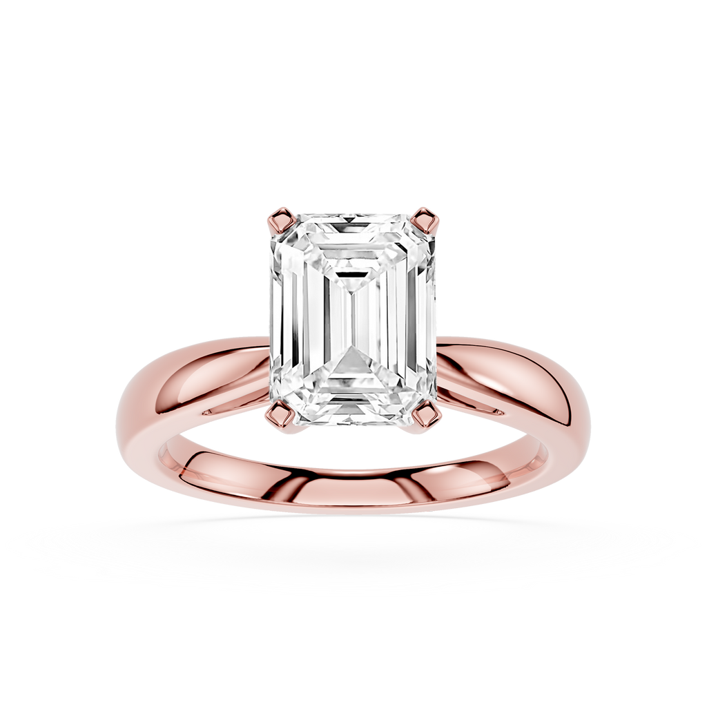 Rose gold ring with a large diamond on a white background