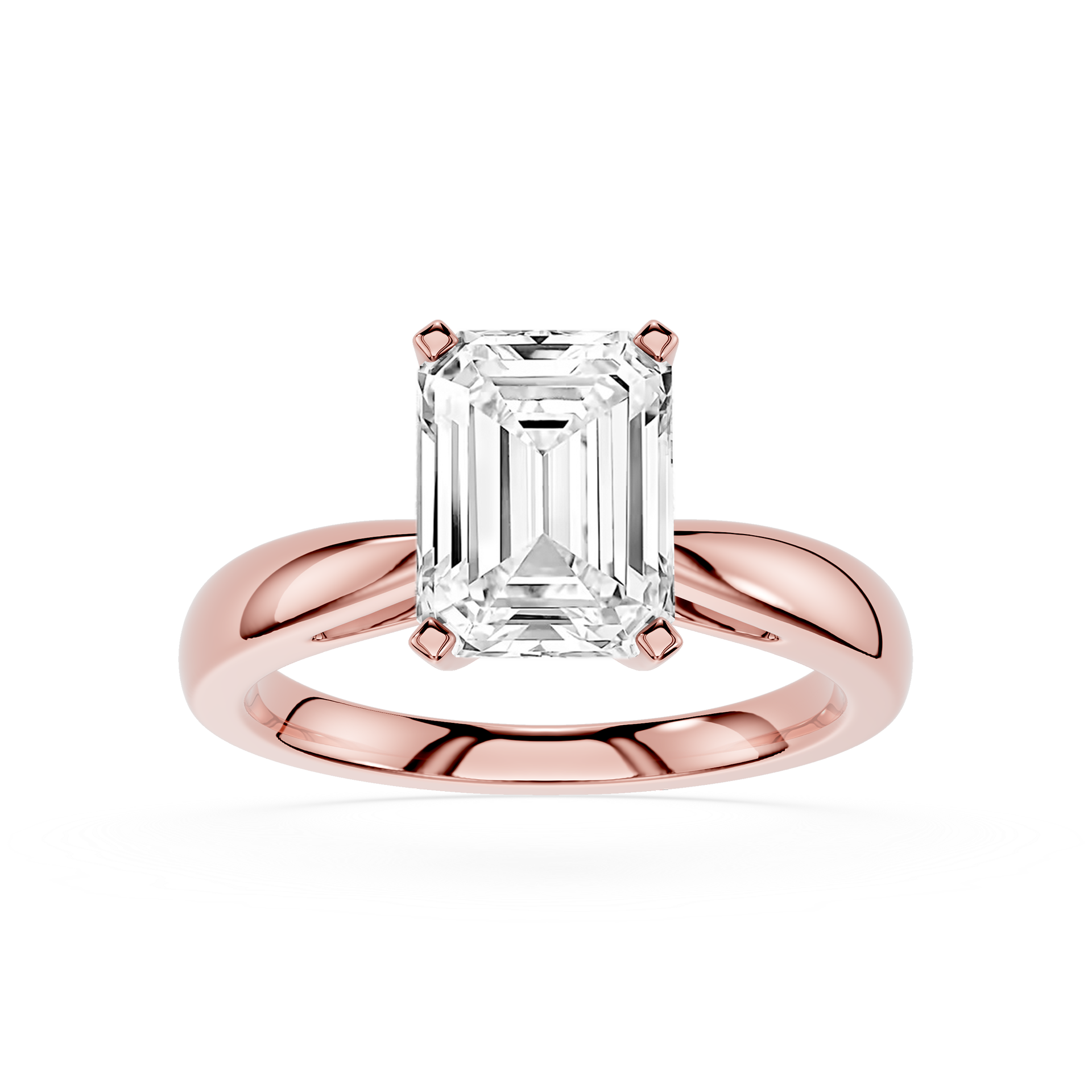 Rose gold ring with a large diamond on a white background