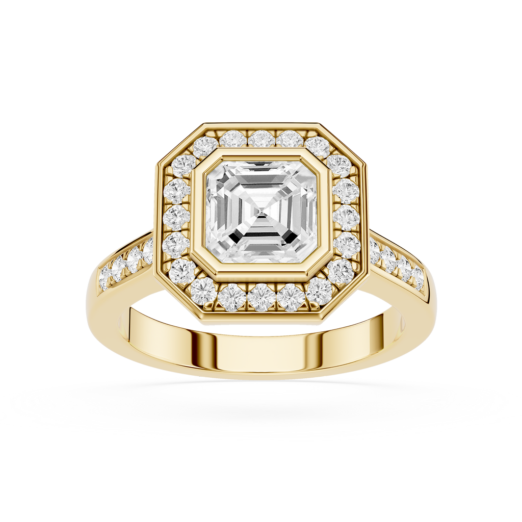 Gold ring with a large diamond and smaller diamonds around on a white background