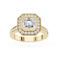 Gold ring with a large diamond and smaller diamonds around on a white background