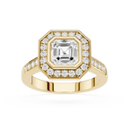 Gold ring with a large diamond and smaller diamonds around on a white background
