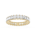 A yellow gold eternity ring featuring a double row of baguette-cut clear gemstones, shown on a clean white background.